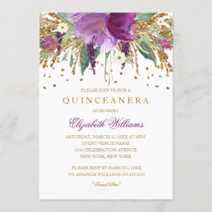 Floral Glitter Amethist Quinceanera Uitnodiging