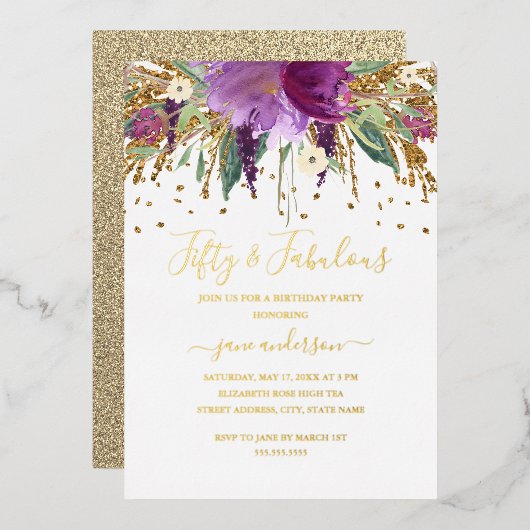 Floral Glitter Amethyst 50 & Fabulous Birthday Folie Uitnodiging (Voorkant / Achterkant)