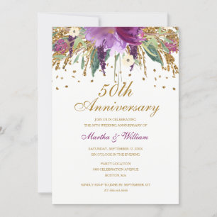 Floral Glitter Amethyst 50th Wedding Jubileum Kaart