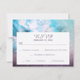 *~* Floral Glitter Blue Paarse Waterverf Wedding RSVP Kaartje