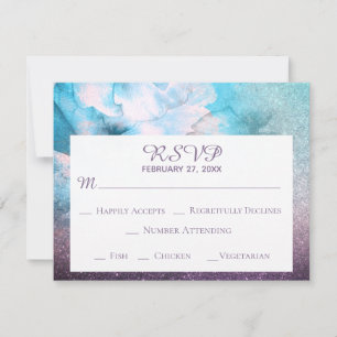 *~* Floral Glitter Blue Paarse Waterverf Wedding RSVP Kaartje