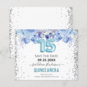 Floral Glitter Blue Quinceañera Save the Date (Voorkant / Achterkant)