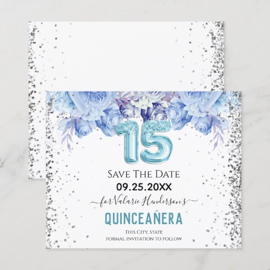 Floral Glitter Blue Quinceañera Save the Date (Voorkant / Achterkant)