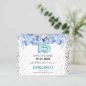Floral Glitter Blue Quinceañera Save the Date (Staand voorkant)