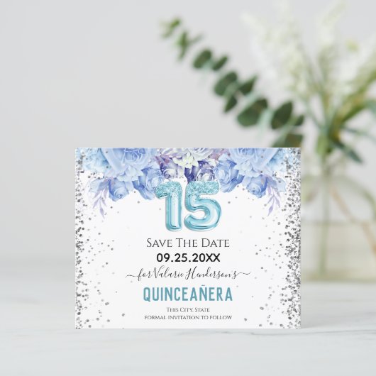 Floral Glitter Blue Quinceañera Save the Date (Staand voorkant)