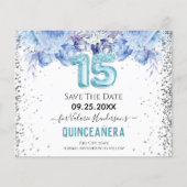 Floral Glitter Blue Quinceañera Save the Date (Voorkant)