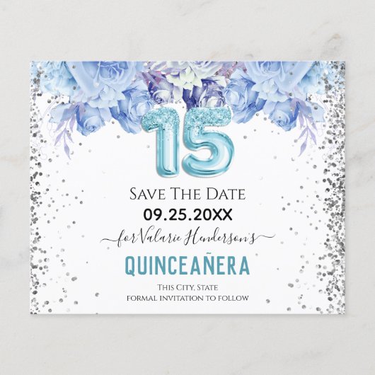Floral Glitter Blue Quinceañera Save the Date (Voorkant)