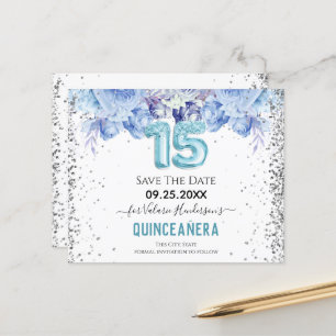 Floral Glitter Blue Quinceañera Save the Date