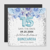 Floral Glitter Blue Quinceañera Save the Date (Voorkant / Achterkant)