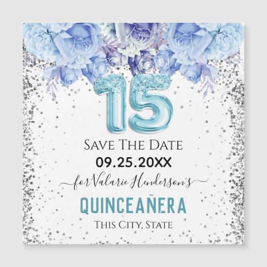Floral Glitter Blue Quinceañera Save the Date (Voorkant)
