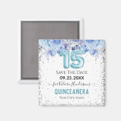 Floral Glitter Blue Quinceañera Save the Date Magn Magneet (Voorkant / Achterkant)