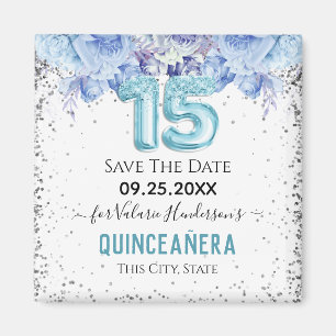 Floral Glitter Blue Quinceañera Save the Date Magn Magneet