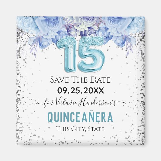 Floral Glitter Blue Quinceañera Save the Date Magn Magneet (Voorkant)