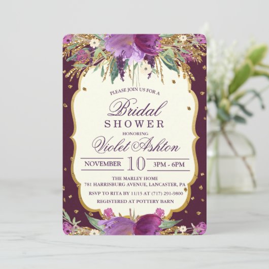 Floral Glitter bruids douche uitnodiging (Staand voorkant)