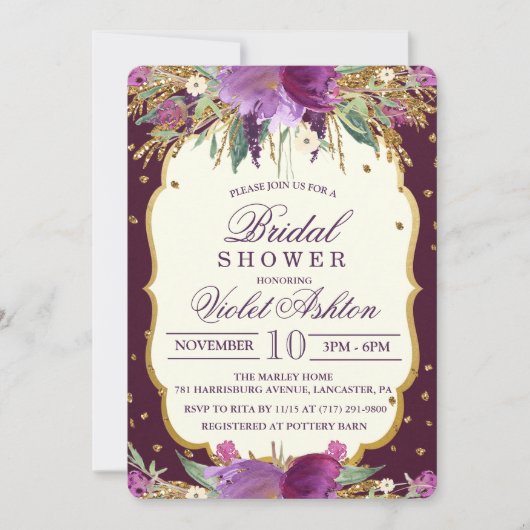 Floral Glitter bruids douche uitnodiging (Voorkant)