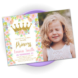 Floral Glitter Crown Princess Birthday met foto Kaart