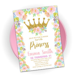 Floral Glitter Crown Princess Birthday Uitnodiging