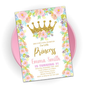 Floral Glitter Crown Princess Birthday Uitnodiging
