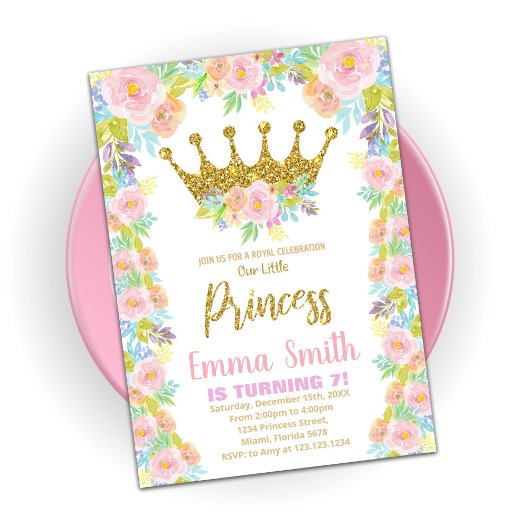 Floral Glitter Crown Princess Birthday Uitnodiging