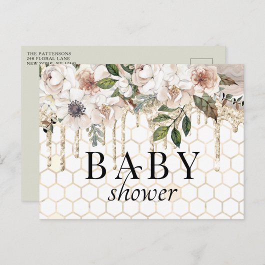 Floral Glitter Drip Marble Baby shower Briefkaart (Voorkant / Achterkant)