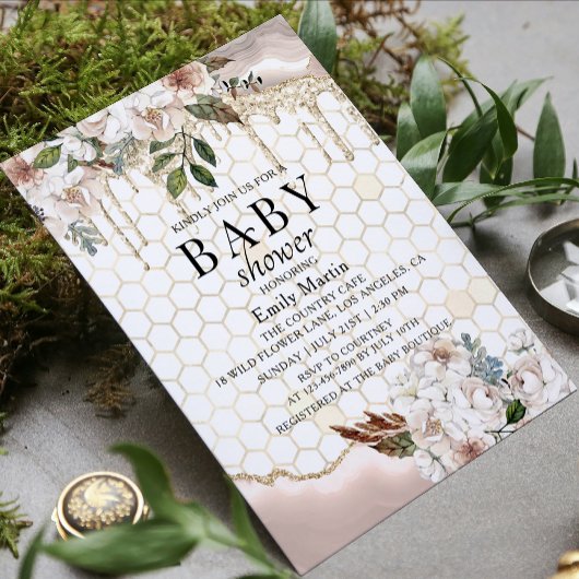 Floral Glitter Drip Marble Baby shower Kaart
