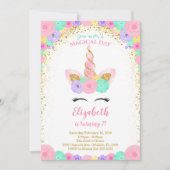 Floral Glitter Eenhoorn Uitnodiging (Voorkant)