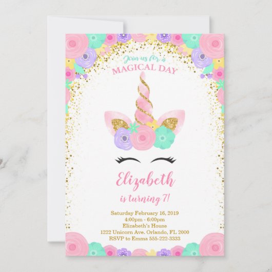 Floral Glitter Eenhoorn Uitnodiging (Voorkant)