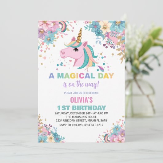 Floral Glitter Eenhoorn Verjaardag Uitnodigingen (Staand voorkant)