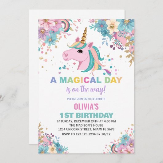 Floral Glitter Eenhoorn Verjaardag Uitnodigingen (Voorkant / Achterkant)