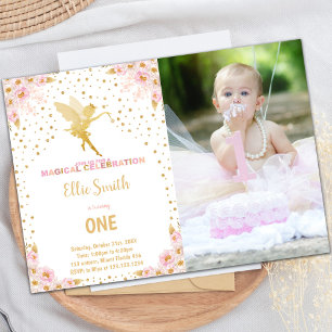 Floral Glitter Fairy Birthday Invitations w Foto Kaart