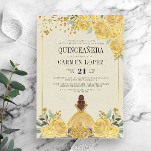 Floral Glitter Gold & Yellow Princess Quinceanera Kaart