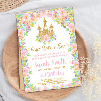 Floral Glitter Gouden Prinses Verjaardag Uitnodigi Kaart