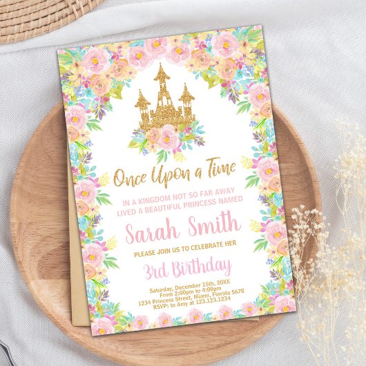 Floral Glitter Gouden Prinses Verjaardag Uitnodigi Kaart