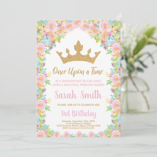 Floral Glitter Kroon Prinses Verjaardag Uitnodigin Kaart (Staand voorkant)