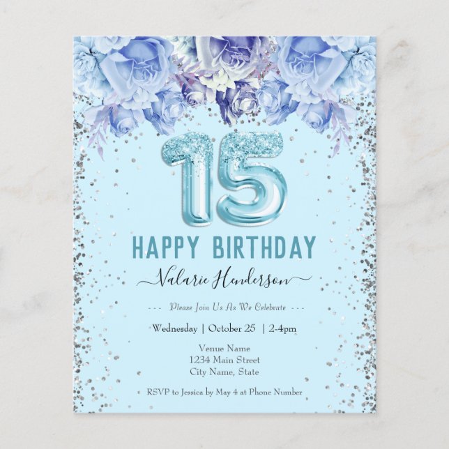 Floral Glitter Light Blue Happy 15th Birthday (Voorkant)