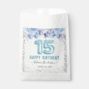 Floral Glitter Light Blue Happy 15th Birthday Favo Bedankzakje