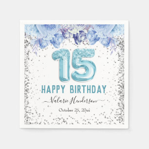 Floral Glitter Light Blue Happy 15th Birthday Servet