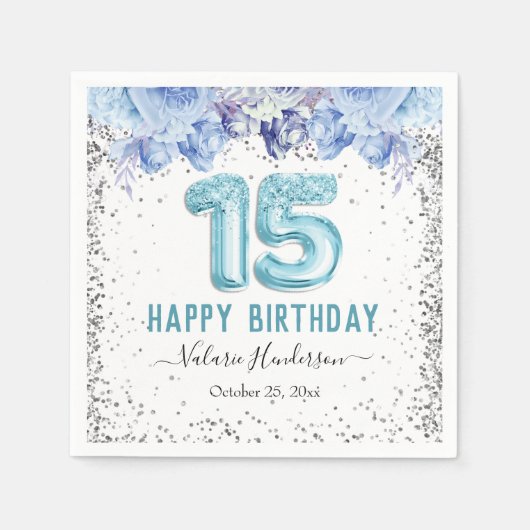 Floral Glitter Light Blue Happy 15th Birthday Servet (Voorkant)