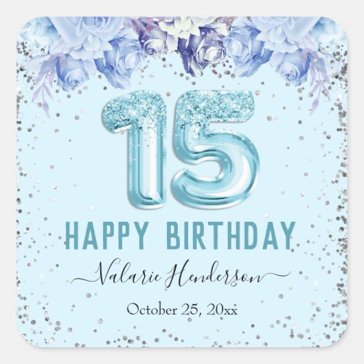 Floral Glitter Light Blue Happy 15th Birthday Vierkante Sticker (Voorkant)