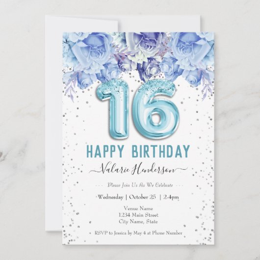 Floral Glitter Light Blue Happy 16th Birthday (Voorkant)