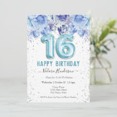 Floral Glitter Light Blue Happy 16th Birthday (Staand voorkant)