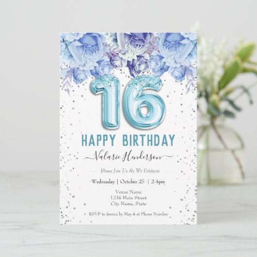 Floral Glitter Light Blue Happy 16th Birthday (Staand voorkant)