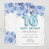 Floral Glitter Light Blue Happy 16th Birthday (Voorkant / Achterkant)