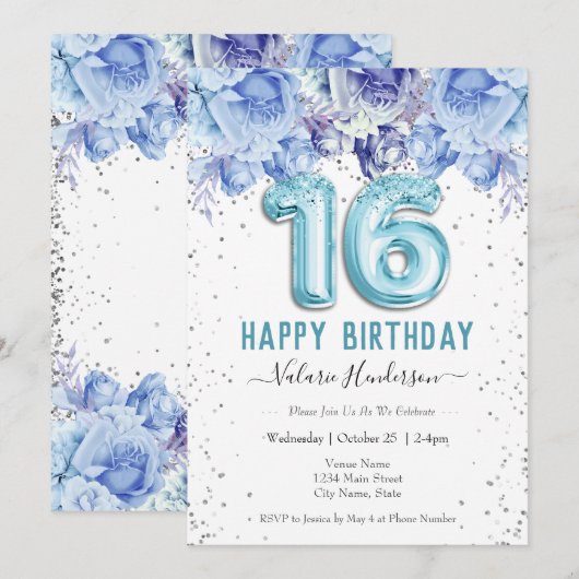 Floral Glitter Light Blue Happy 16th Birthday (Voorkant / Achterkant)