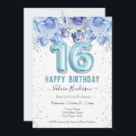Floral Glitter Light Blue Happy 16th Birthday<br><div class="desc">Meisjes glitter met fancy scriptnaam typografie. Faux lichtblauw 16 ballontekst. Blauwe Rozen en faux glitter top border. Geweldig voor 16 mooie feestjes.</div>