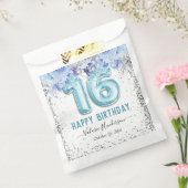Floral Glitter Light Blue Happy 16th Birthday Bedankzakje (Gezegeld)