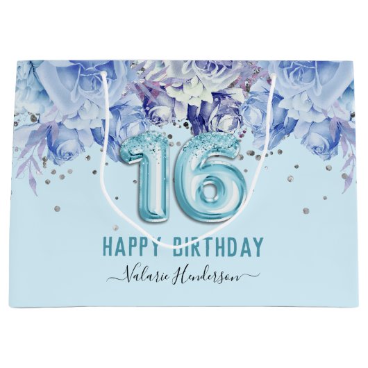 Floral Glitter Light Blue Happy 16th Birthday Larg Groot Cadeauzakje (Voorkant)