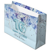 Floral Glitter Light Blue Happy 16th Birthday Larg Groot Cadeauzakje (Voorkant Gekanteld)