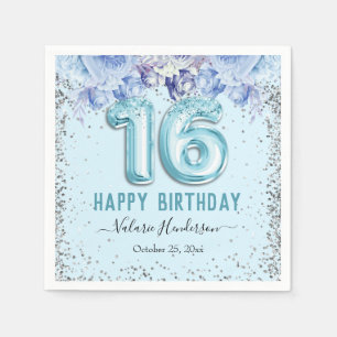 Floral Glitter Light Blue Happy 16th Birthday Servet