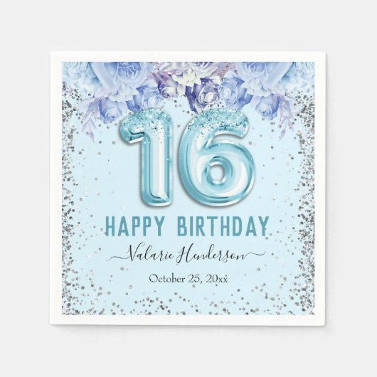 Floral Glitter Light Blue Happy 16th Birthday Servet (Voorkant)